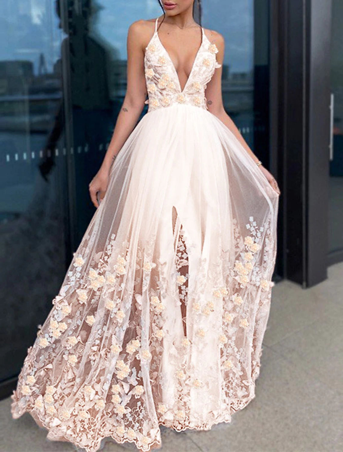 A-Line Evening Floor Length Sleeveless V Neck Tulle with Draping Appliques Homecoming Dress